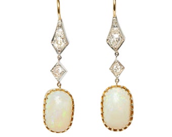 Edwardian Oval Cabochon Opal and Diamond Drop Earrings