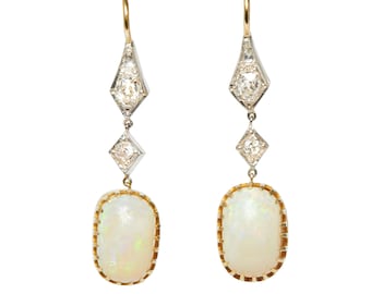 Edwardian Oval Cabochon Opal and Diamond Drop Earrings