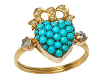 Victorian 18KT Turquoise Pearl and Diamond Heart Ring