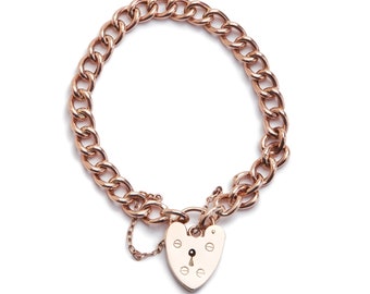 Antique Heart Padlock Rose Gold Puffed Link Bracelet