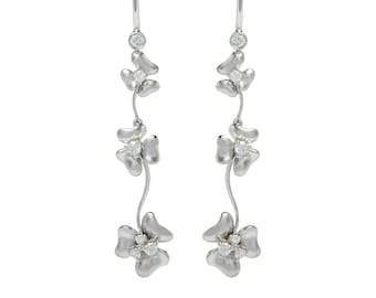 Delicate Diamond and 18KT White Gold Flower Head Drop Earrings