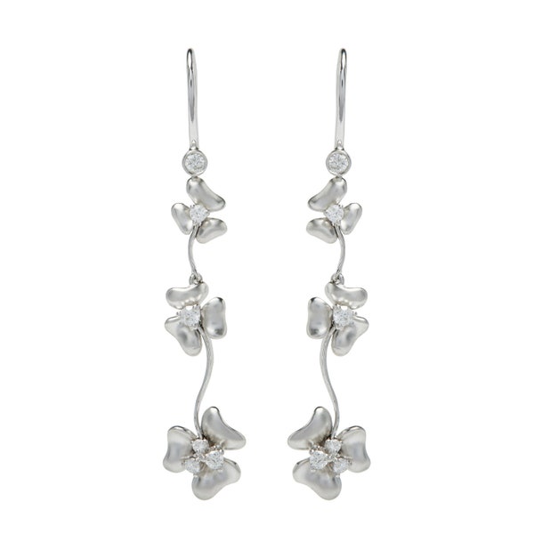 Delicate Diamond and 18KT White Gold Flower Head Drop Earrings