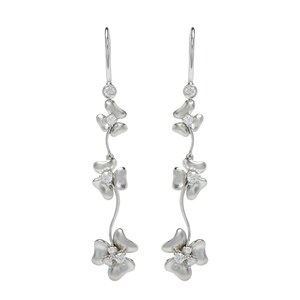 May include: Silver dangle earrings with three clover-shaped charms, each with a small clear diamond in the center.