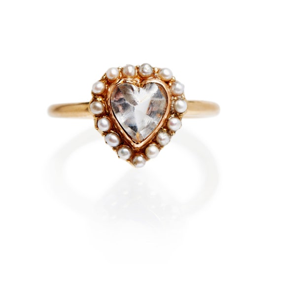 Antique Rock Crystal and Pearl Heart Ring - image 1