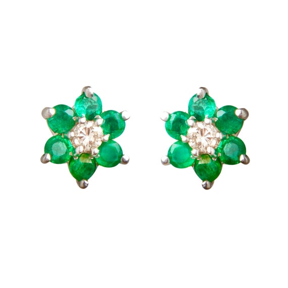 Vintage Emerald and Diamond Cluster Earrings - image 1