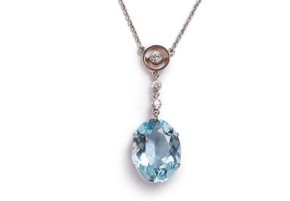 Edwardian 18KT Aquamarine and Diamond Drop Neckla… - image 1