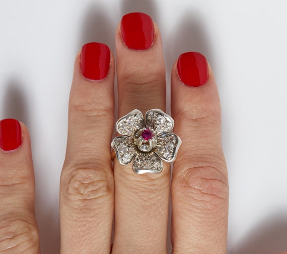 Antique Diamond and Ruby Flower Ring - image 6