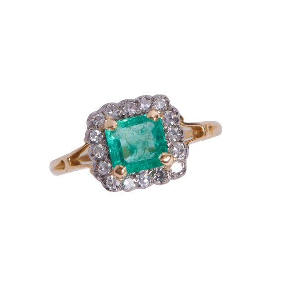 Edwardian 18KT and Platinum Carved Emerald and Di… - image 1