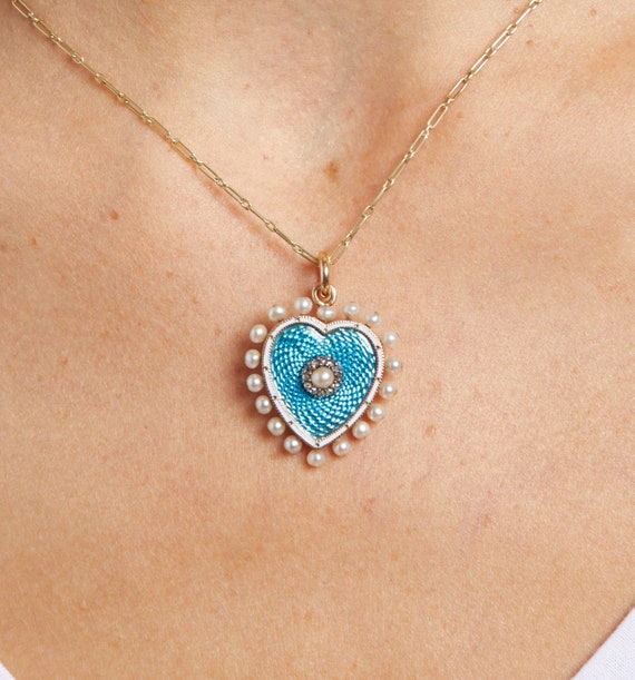 Victorian 18KT Enamel Pearl and Diamond Heart Nec… - image 2