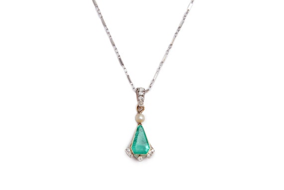 Antique Emerald Diamond and Pearl Necklace - image 1