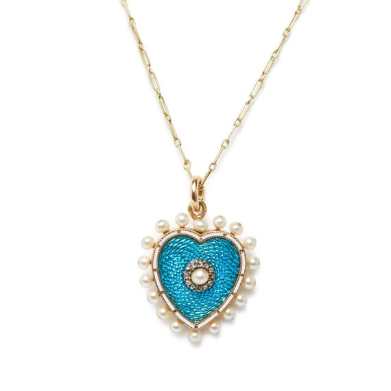 Victorian 18KT Enamel Pearl and Diamond Heart Nec… - image 5