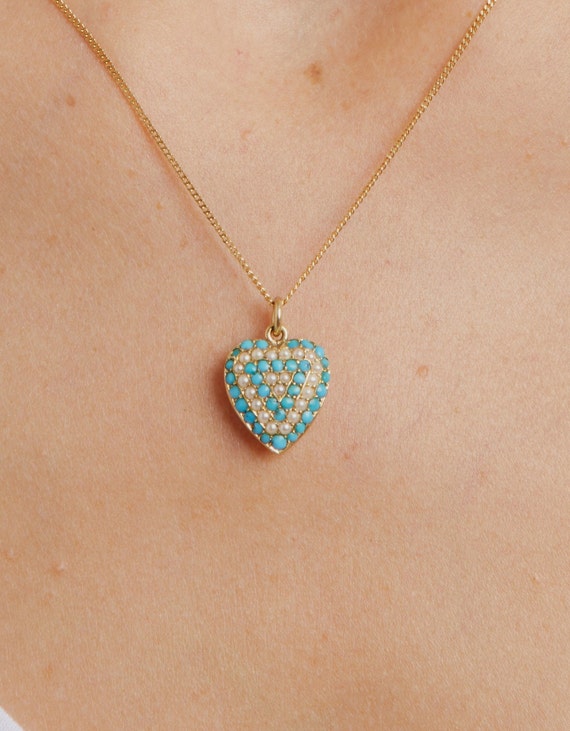 Antique 15 KT Turquoise and Pearl Heart Necklace - image 2