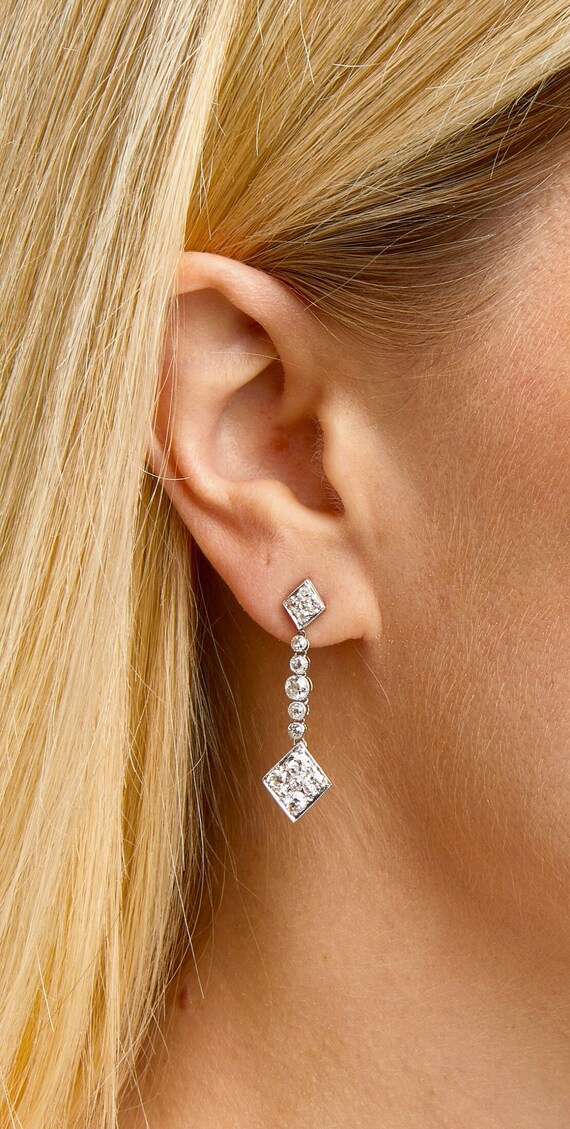 Antique Kite Shape Platinum and Diamond Earrings - image 4
