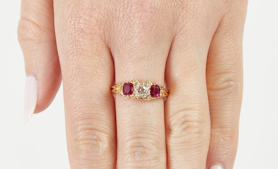 Victorian 3 Stone Diamond and Ruby Ring - image 5
