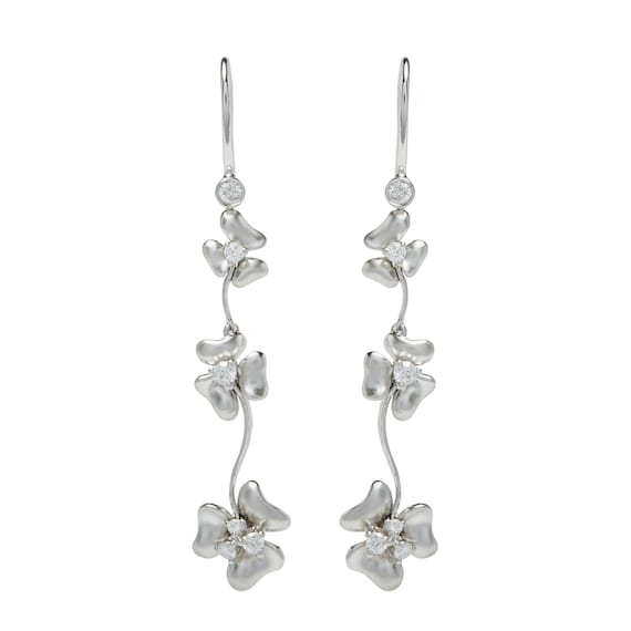 Delicate Diamond and 18KT White Gold Flower Head Drop Earrings