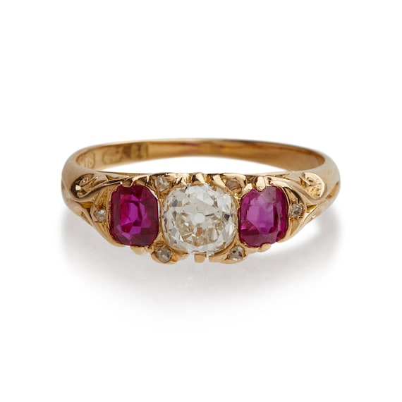 Victorian 3 Stone Diamond and Ruby Ring - image 1