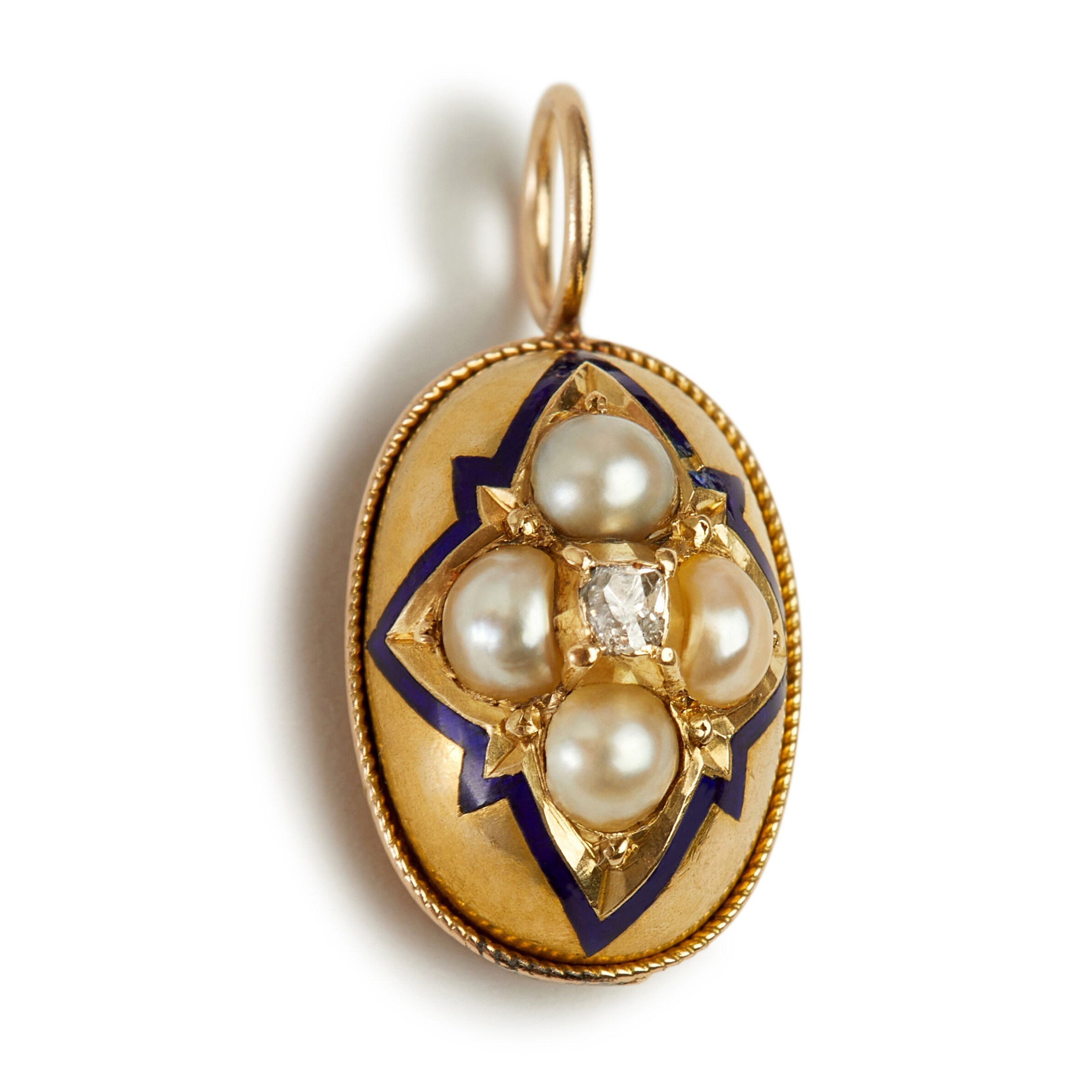 Colgante antiguo de diamantes y perlas esmaltadas celestes