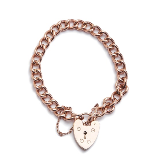 Antique Heart Padlock Rose Gold Puffed Link Brace… - image 1