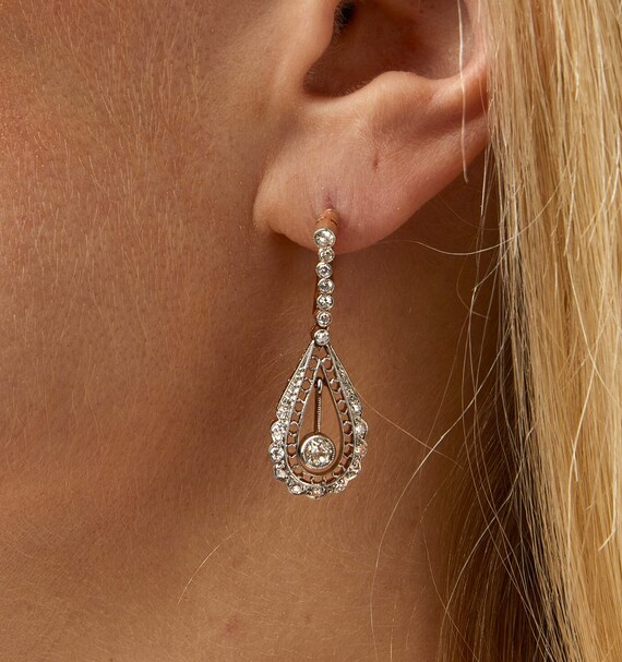 Antique 18KT & Platinum Diamond Tear Drop Earrings - image 2