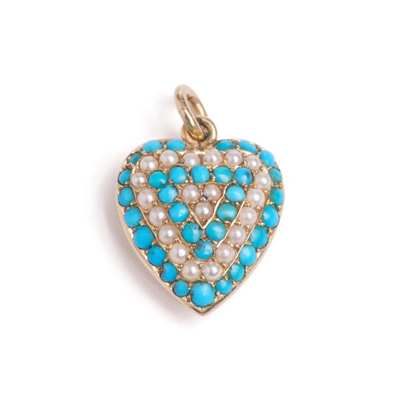 Antique 15 KT Turquoise and Pearl Heart Necklace - image 1