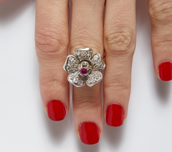 Antique Diamond and Ruby Flower Ring - image 2