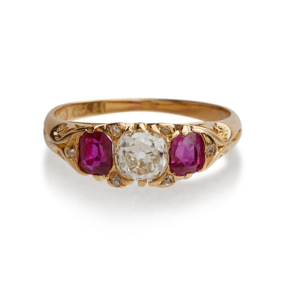 Victorian 3 Stone Diamond and Ruby Ring - image 4