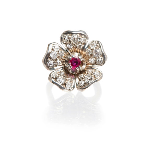 Antique Diamond and Ruby Flower Ring - image 3