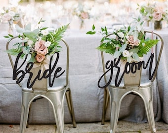 Bride and Groom Chair Signs, Wooden Wedding Chair Decor, Laser Cut MDF Signs with Ribbon, Ceremony Reception Seating