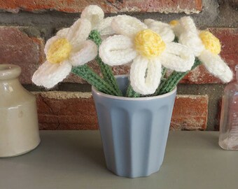 Five Hand Knitted Daisies / Flowers in Vase