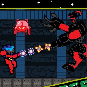 May include: A comic book cover featuring a pixelated illustration of a red and black robot fighting a red and blue character. The title of the comic is "8-Bit BOSS" and the subtitle is "THE COMIC BOOK". The comic is issue #4 and was created by Tom Schinderling. The comic is published by Big Kid's Karnival.