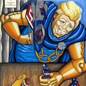 Puede incluir: Una portada de cómic con una ilustración de dibujos animados de un hombre grande y musculoso con cabello rubio y un atuendo azul y dorado. El hombre sostiene un pequeño avión azul y rojo en su mano. El título del cómic es "Amerimen" y el número de la edición es #1. El cómic fue creado por Tom Schindlerling.