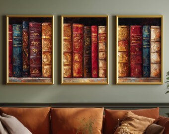 Set of 3 - Printable Triptych, Book Lovers Wall Decor, Artful Dark Academia, Gothic Moody Digital Set of Art Prints, Oil Painting Style