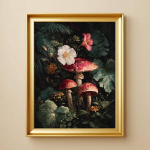 Painted Mushroom and Floral Print | Artful Dark Academia Botanical Wall Art | Vintage Forest Aesthetic | Cottagecore Room Decor |