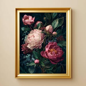 Arte de parede botânica com peônias pintadas, gravuras dark academia, decoração gótica cottagecore, estampa floral sombria, arte vintage para impressão