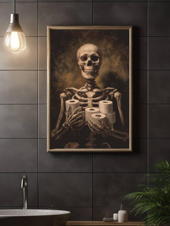 Bathroom Skeleton Print | Halloween Humor Wall Art for Rest Room | Halloween Bathroom Art | Skeleton Toilet Paper Roll Wall Art