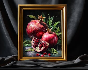May include: A framed still life painting featuring pomegranates. The artwork showcases two whole pomegranates and a halved one, revealing the red seeds. Green leaves and a dark background enhance the vibrant red fruit. The frame is gold.