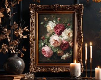Painted Roses Botanical Wall Art, Dark Academia Prints, Gothic Cottagecore Decor, Moody Floral Print, Artful dark academia, Digital wall art