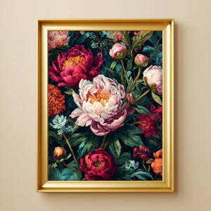 Arte de parede botânica com peônias pintadas, estampas dark academia, decoração gótica cottagecore, estampa floral sombria, arte vintage para impressão para cozinha