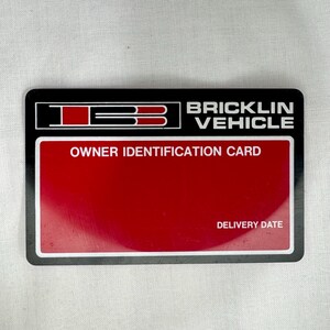 Cartão de identificação do proprietário do Bricklin SV-1 1974 1975 1976 RARO Museu de História do Transporte