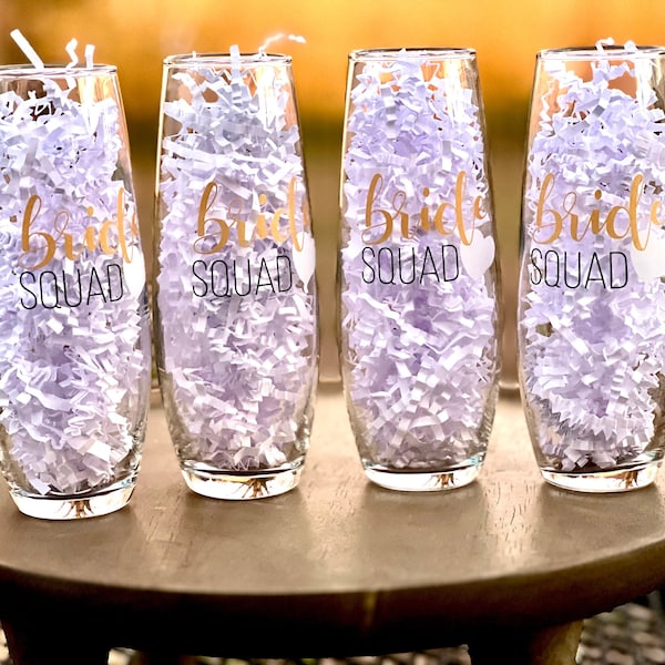 Bride Squad Stemless Champagne Flutes | Bachelorette Party | Bride | Wedding | Bridal Party | Bridesmaids | Wedding Day | Bridal Party Gifts