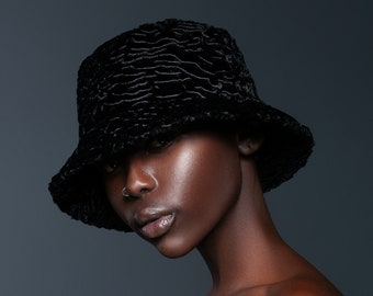 Black Bucket Hats. Luxury Bucket Hat. Astrakhan Bucket Hat. Woman Bucket Hats. Faux Fur Bucket Hat. Exclusive eco furs by Tissavel (France)