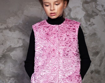 Luxury faux fur kids vest - astrakhan quartz. Exclusive eco furs by Tissavel (France)