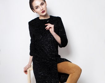 Luxury faux fur coat - astrakhan obsidian. Exclusive eco furs by Tissavel (France)