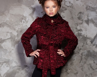 Luxury faux fur kids coat - astrakhan garnet. Exclusive eco furs by Tissavel (France)