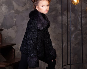 Luxury faux fur kids coat - astrakhan obsidian. Exclusive eco furs by Tissavel (France)