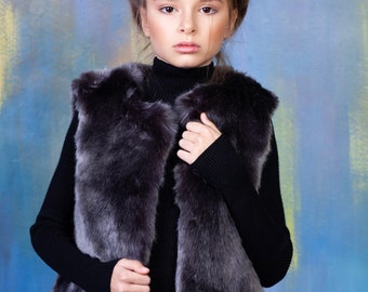 Luxury faux fur kids vest - sable graphite. Exclusive eco furs by Tissavel (France)