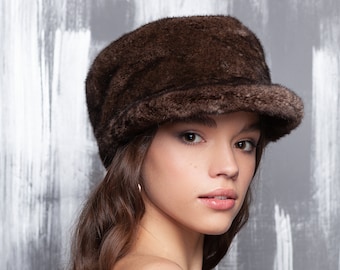 Brown Cap. Beautiful Winter Cap. Stylish Cap. Women Winter Hat. Women's Cap. Fashion Winter Cap. Exclusive eco furs by Tissavel (France)