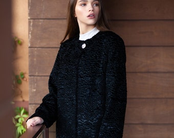 Luxury faux fur coat - astrakhan obsidian. Exclusive eco furs by Tissavel (France)
