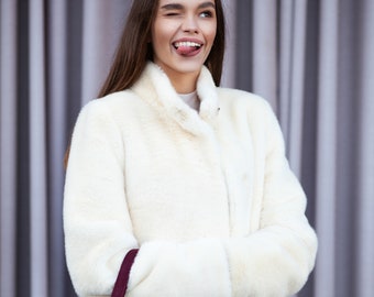 White Mink Coat. Pearl Coat. Light Women Coat. Cream Mink