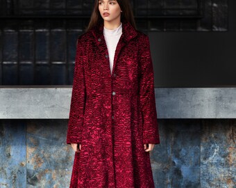 Abrigo rojo de piel sintética - Tissavel Astrakhan, abrigo de invierno para mujer, talla M